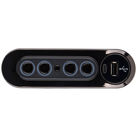 Black electronic device with multiple ports on a white background