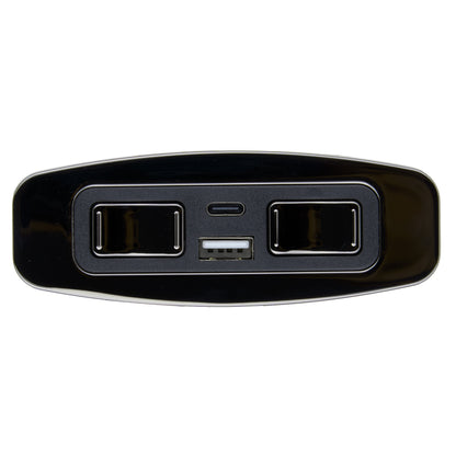 Black car power outlet with multiple ports on a white background