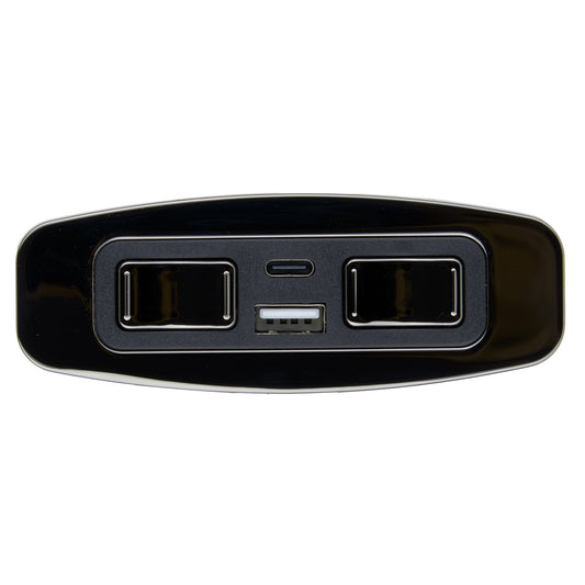 Black car power outlet with multiple ports on a white background