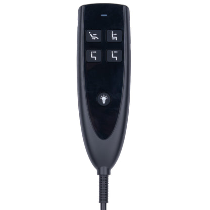 A black electric vehicle power seat and window remote control handle with four button icons and a central power button, shown on a plain white background.