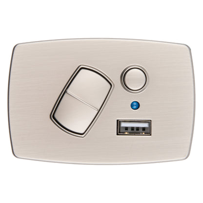 A brushed metal smart light switch plate with a large rectangular touch panel, a circular button, a small blue indicator light, and a USB-A port, shown on a plain white background.