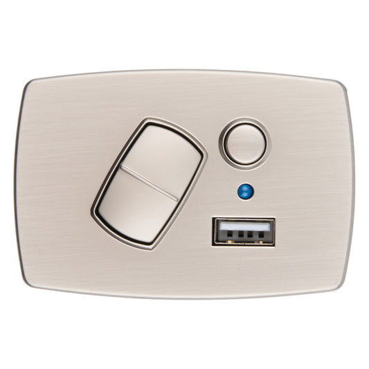 A brushed metal smart light switch plate with a large rectangular touch panel, a circular button, a small blue indicator light, and a USB-A port, shown on a plain white background.
