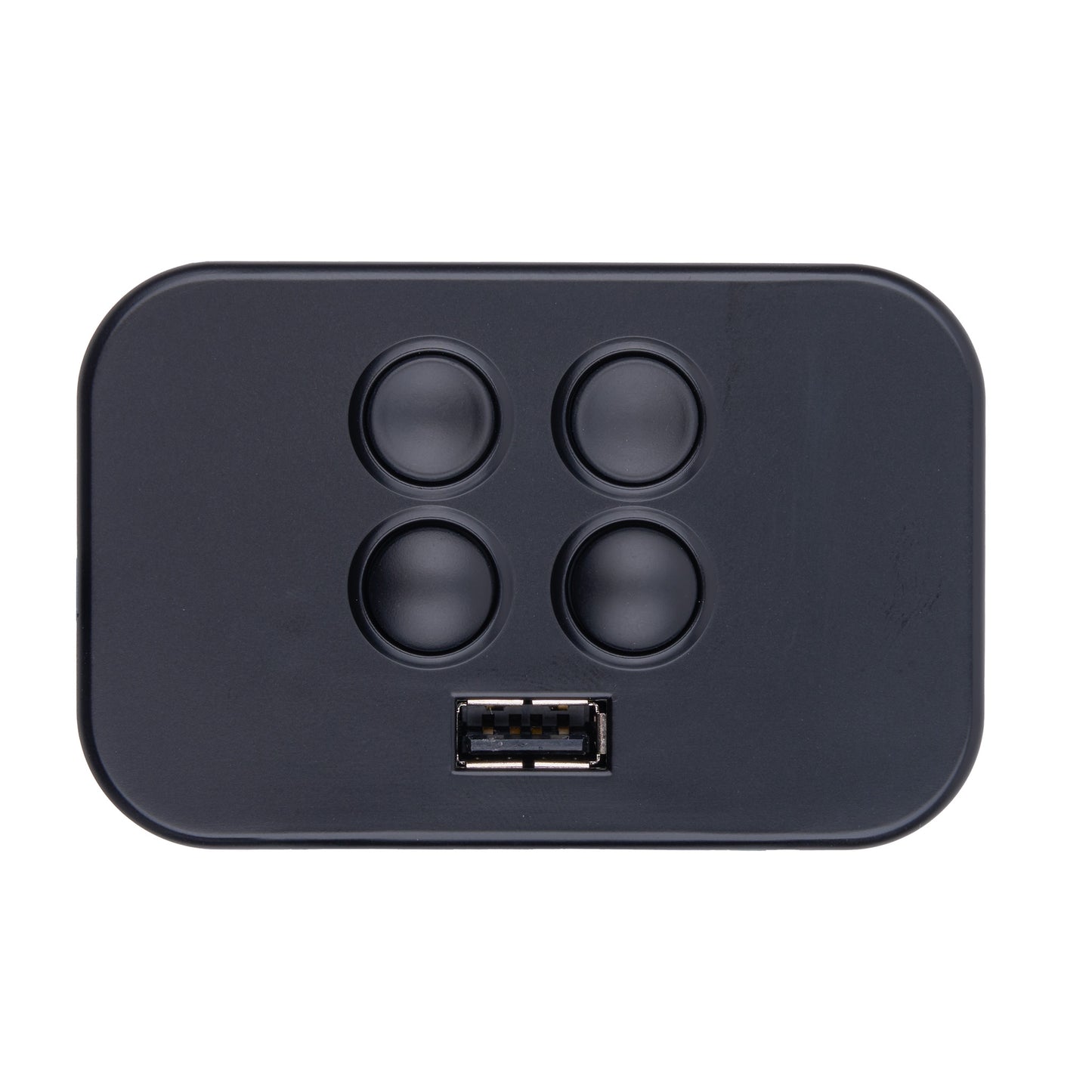 A black rectangular electronic control module with rounded corners, featuring four circular buttons arranged in a 2x2 grid and a USB-A port at the bottom center, shown on a plain white background.
