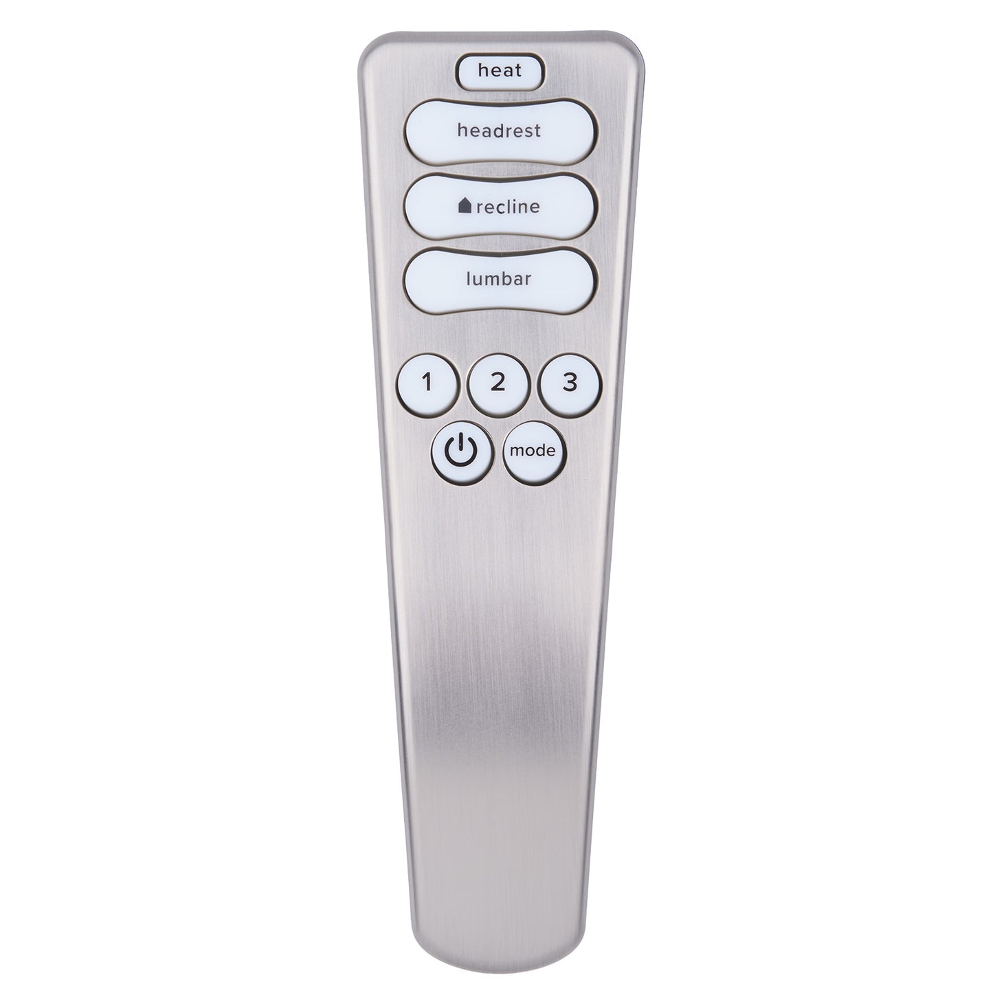 Silver remote control with various buttons on a white background