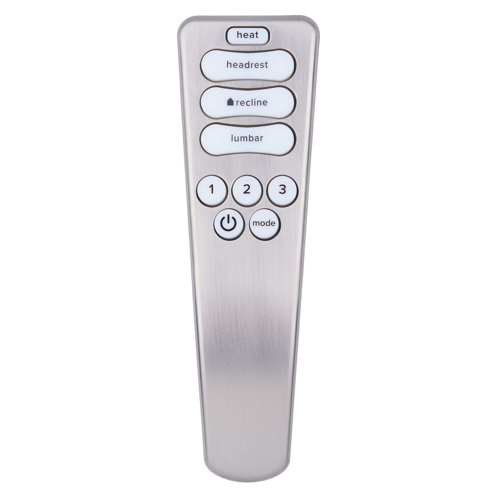 Silver remote control with various buttons on a white background