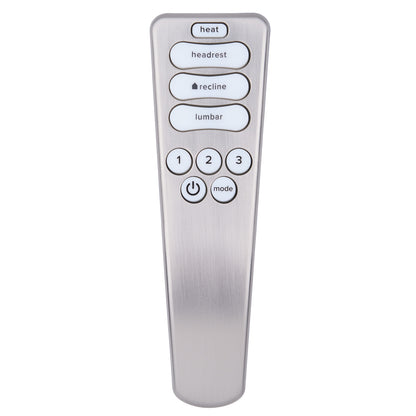 Silver remote control with various buttons on a white background
