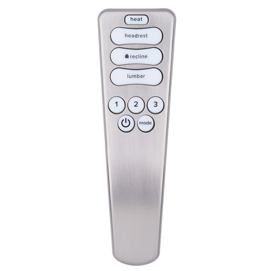 Silver remote control with various buttons on a white background