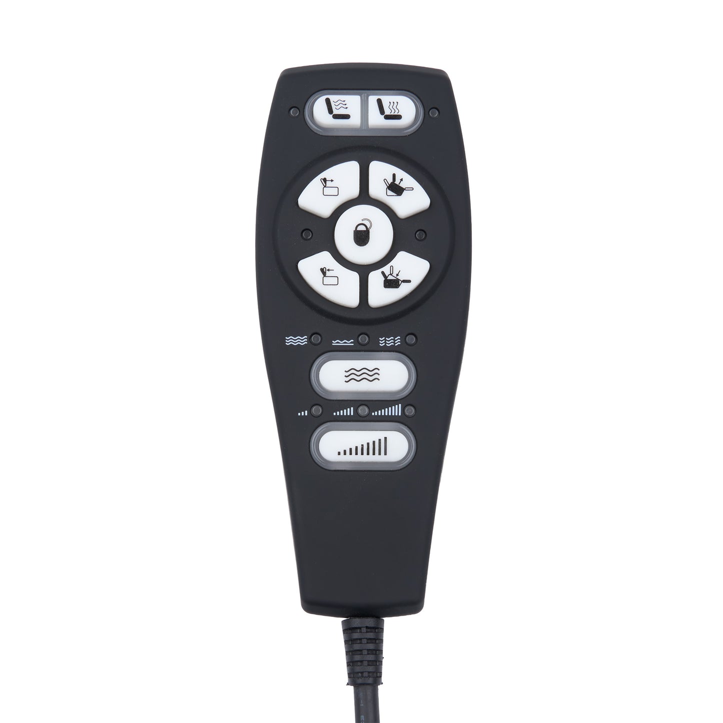 A black handheld remote control with white buttons and icons, featuring seat, fan, and other control symbols, shown on a plain white background.