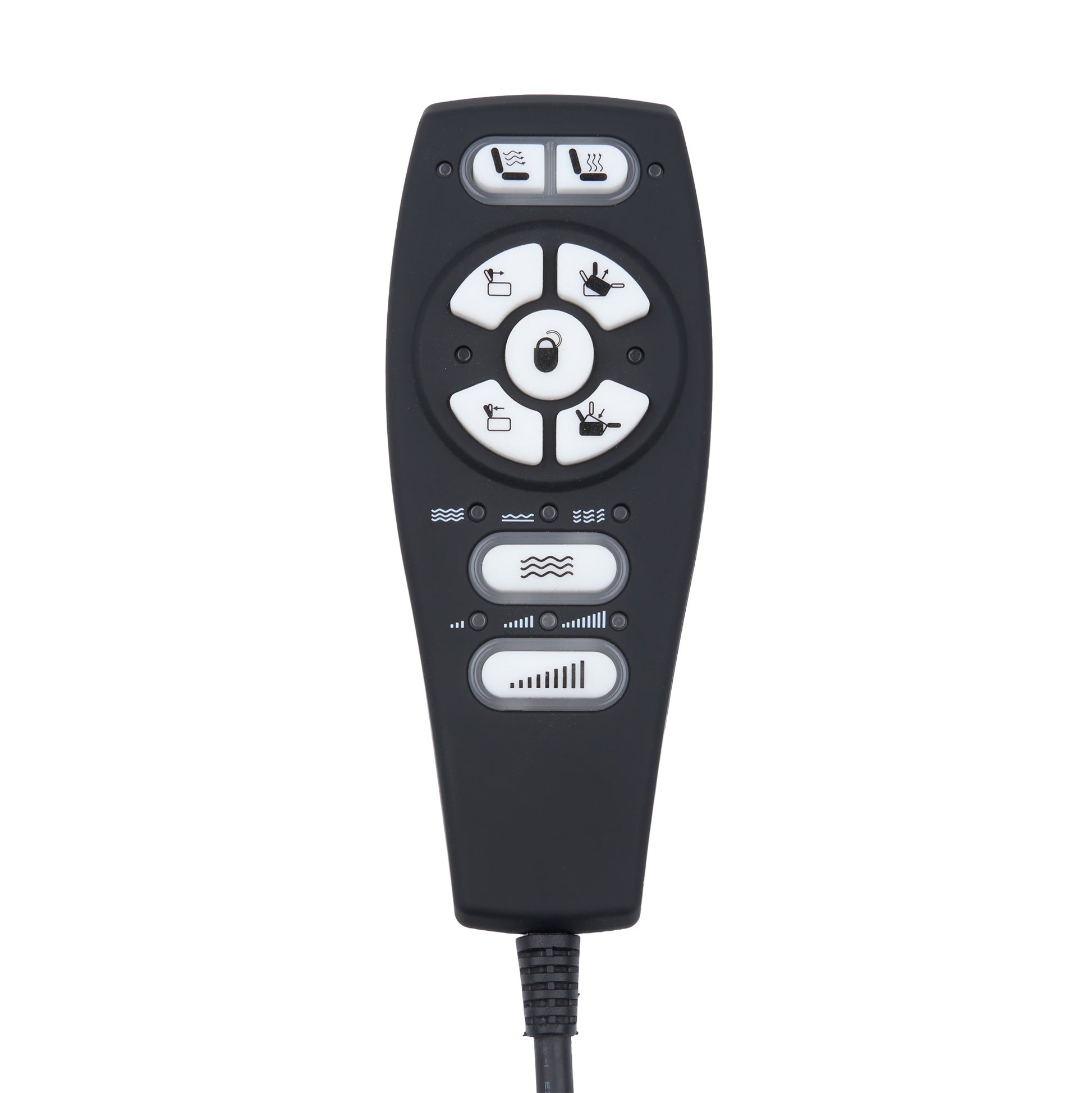 A black handheld remote control with white buttons and icons, featuring seat, fan, and other control symbols, shown on a plain white background.