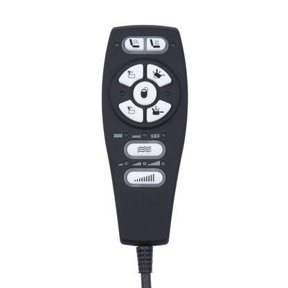 A black handheld remote control with white buttons and icons, featuring seat, fan, and other control symbols, shown on a plain white background.