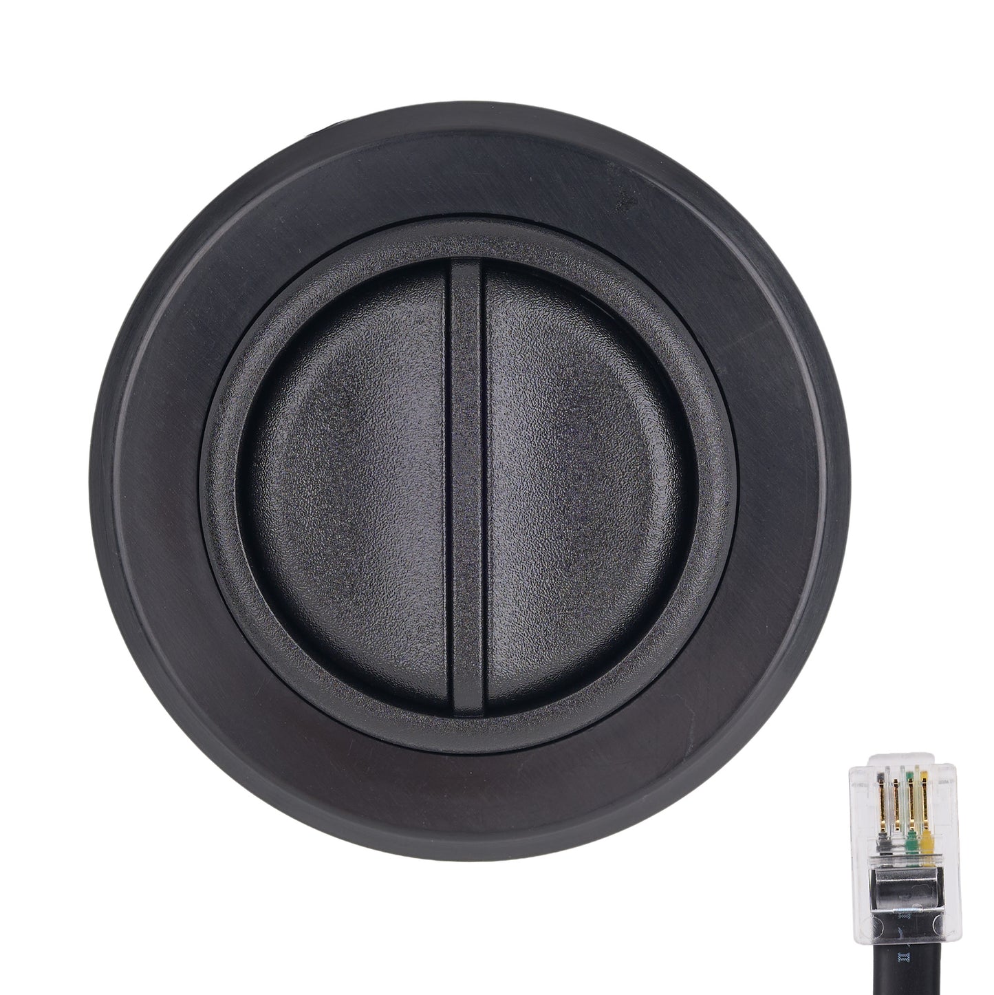Black round electrical junction box with a cable connector on a white background