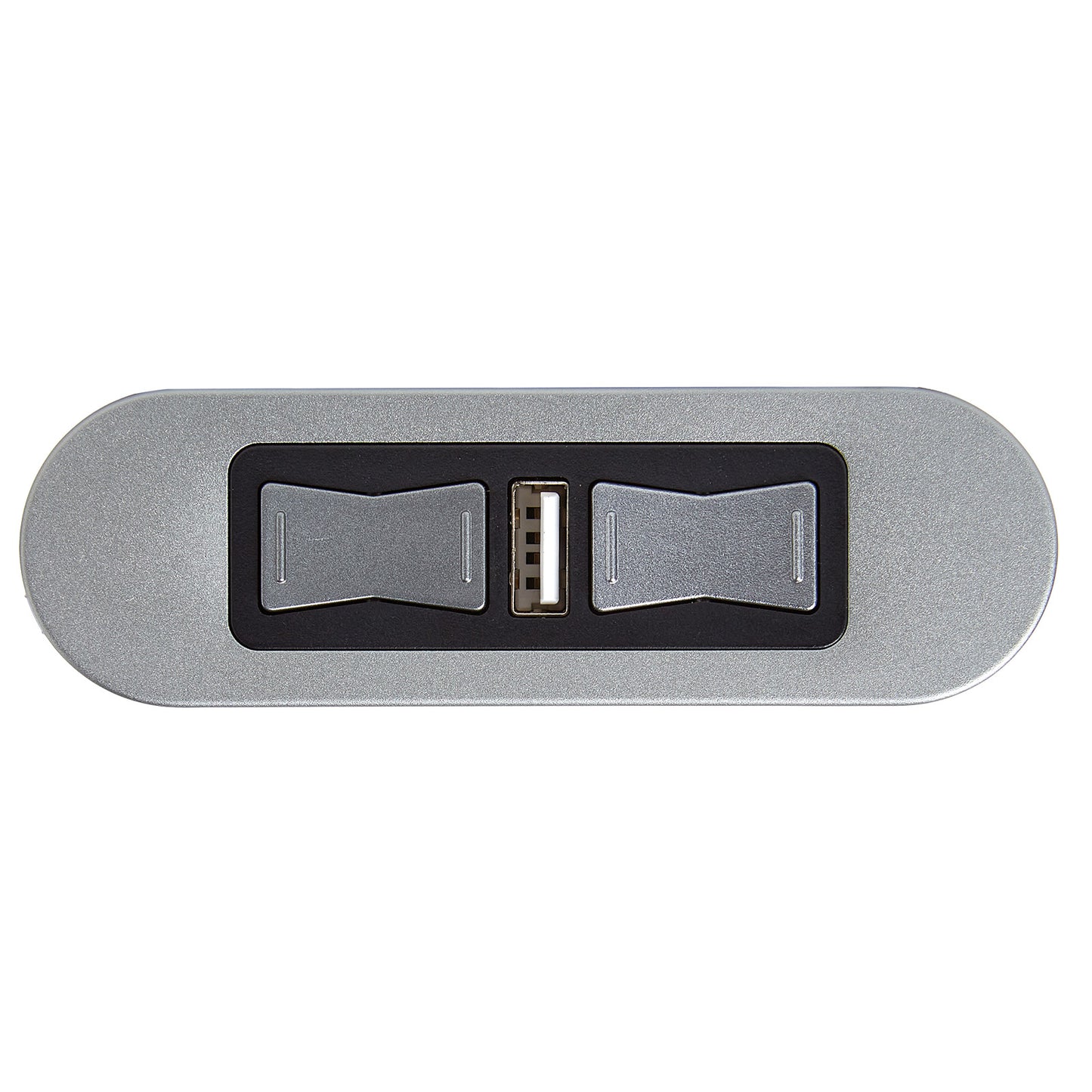 A silver-colored eMoMo HX90AFU recliner switch with two buttons and a built-in USB port.