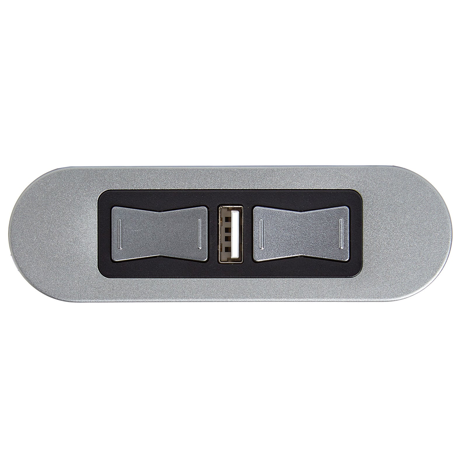 A silver-colored eMoMo HX90AFU recliner switch with two buttons and a built-in USB port.