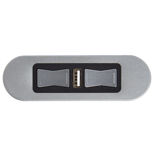 A silver-colored eMoMo HX90AFU recliner switch with two buttons and a built-in USB port.