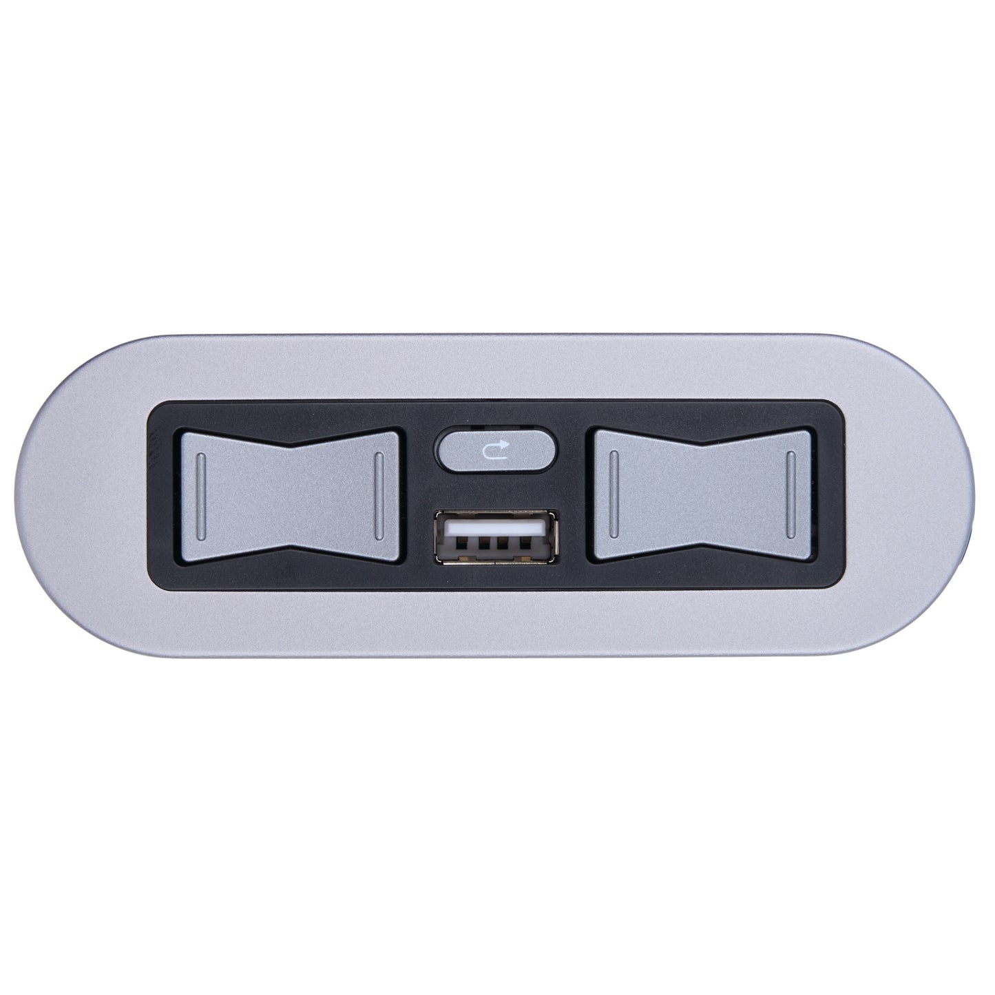 A silver and black electronic control panel featuring two toggle switches, a small power button, and a USB port, shown on a plain white background.