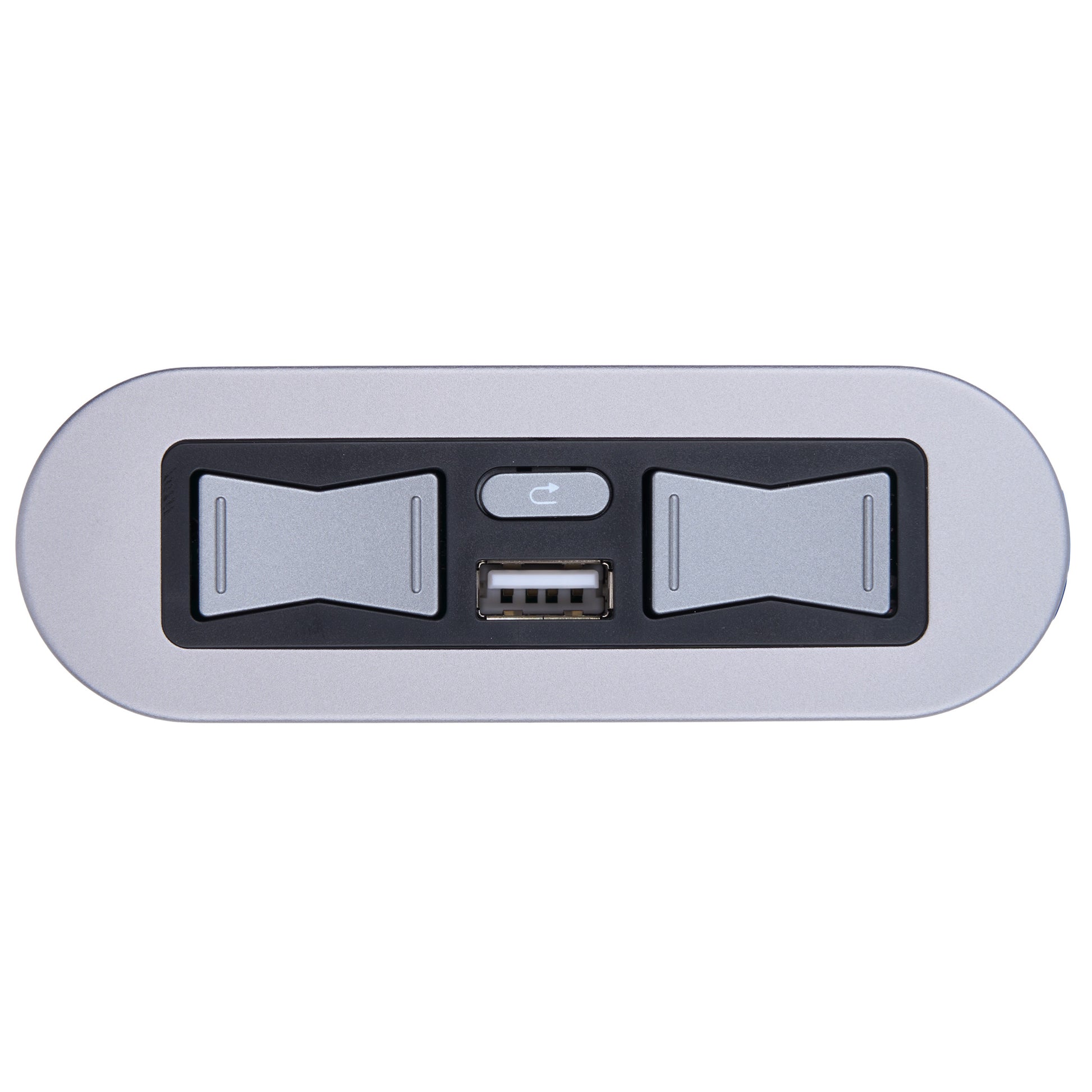 A silver and black electronic control panel featuring two toggle switches, a small power button, and a USB port, shown on a plain white background.