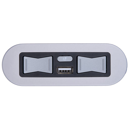 A silver and black electronic control panel featuring two toggle switches, a small power button, and a USB port, shown on a plain white background.