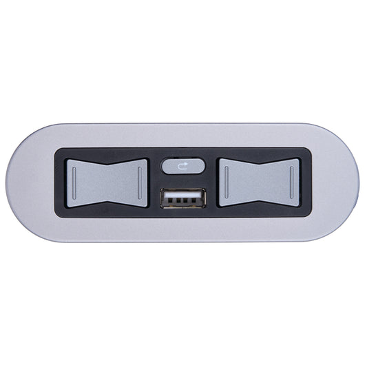 A silver and black electronic control panel featuring two toggle switches, a small power button, and a USB port, shown on a plain white background.