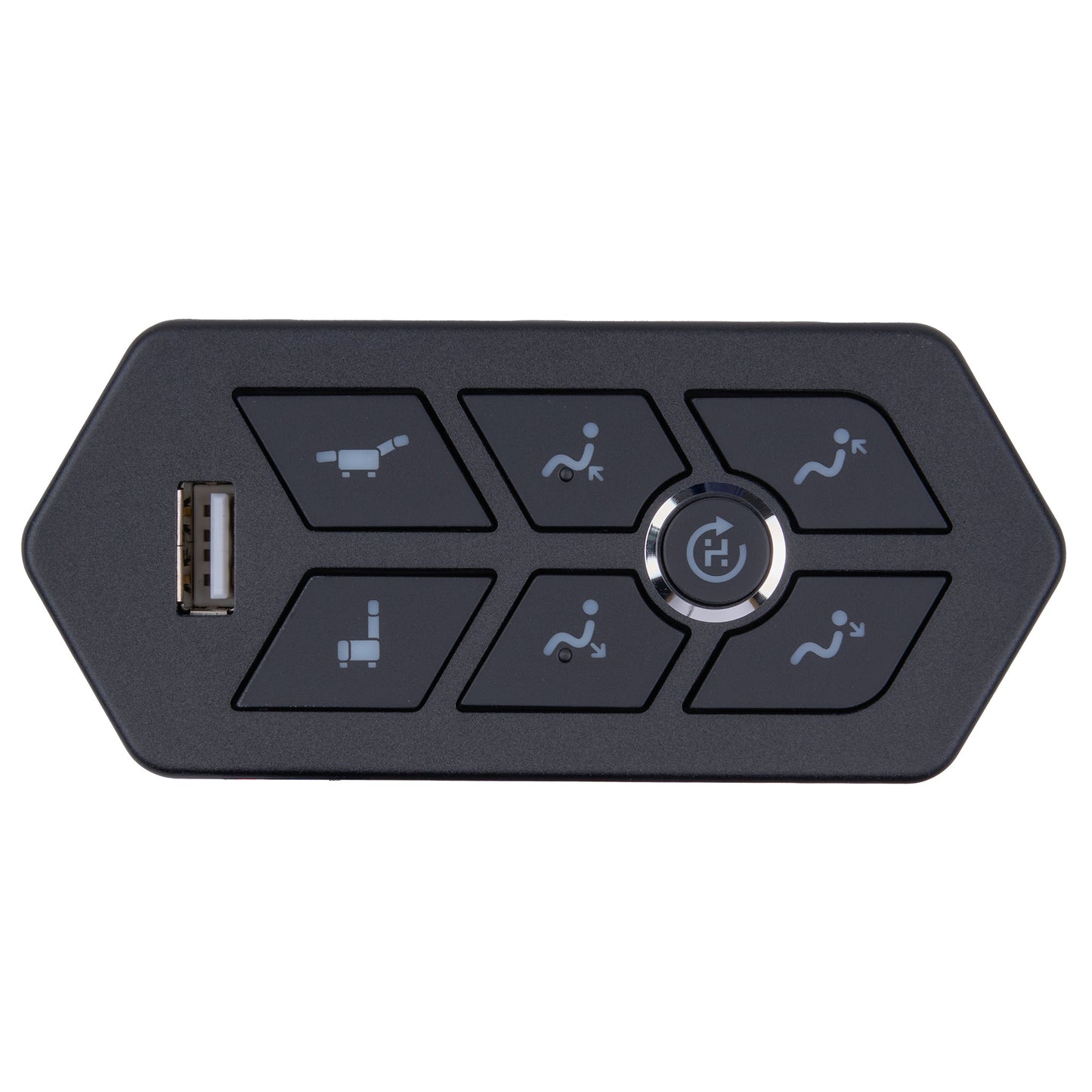 A black automotive electronic control panel with a USB port on the left and six button sections featuring light blue vehicle and driver icons, centered around a circular multi-function button.