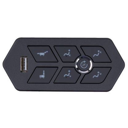 A black automotive electronic control panel with a USB port on the left and six button sections featuring light blue vehicle and driver icons, centered around a circular multi-function button.
