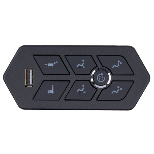 A black automotive electronic control panel with a USB port on the left and six button sections featuring light blue vehicle and driver icons, centered around a circular multi-function button.