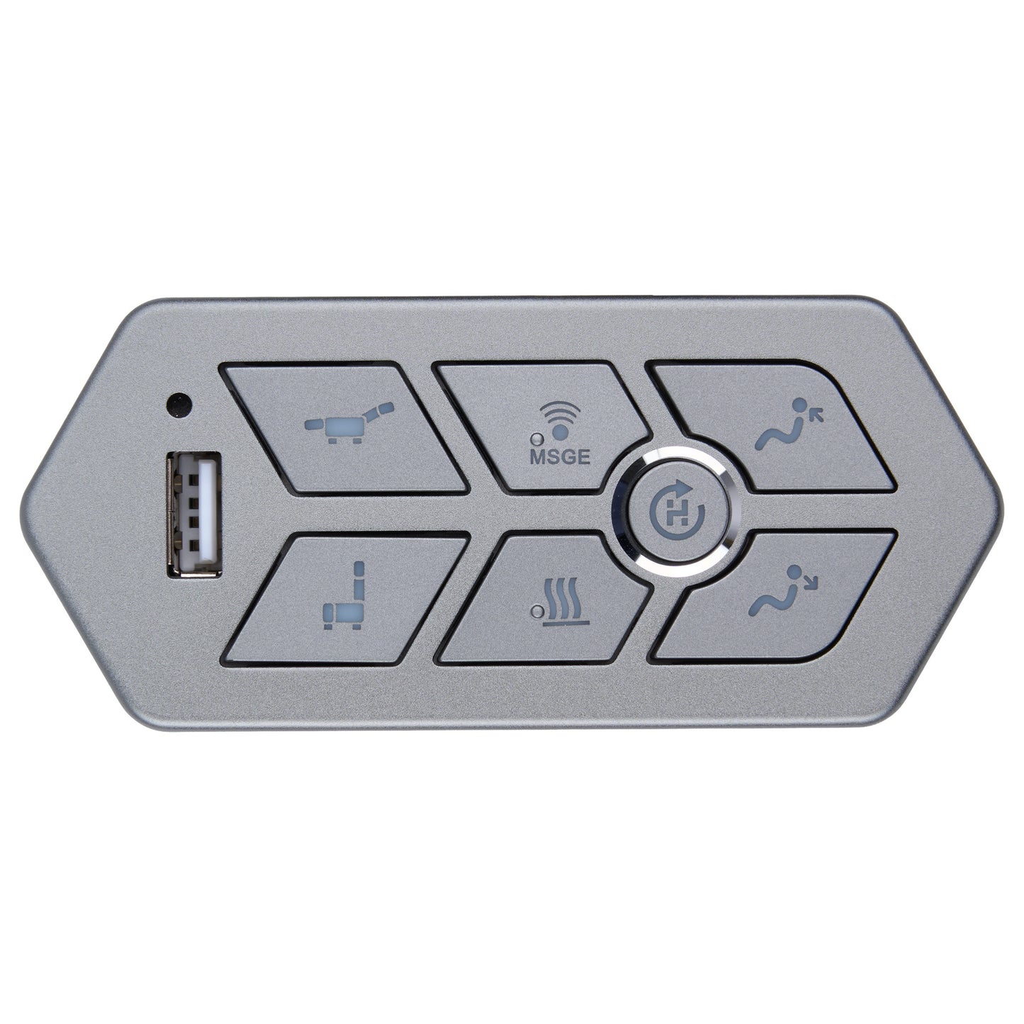 A silver electronic control panel with six buttons featuring blue-gray icons, including seat and climate symbols, a central round button, and a USB port on the left side, shown on a plain white background.