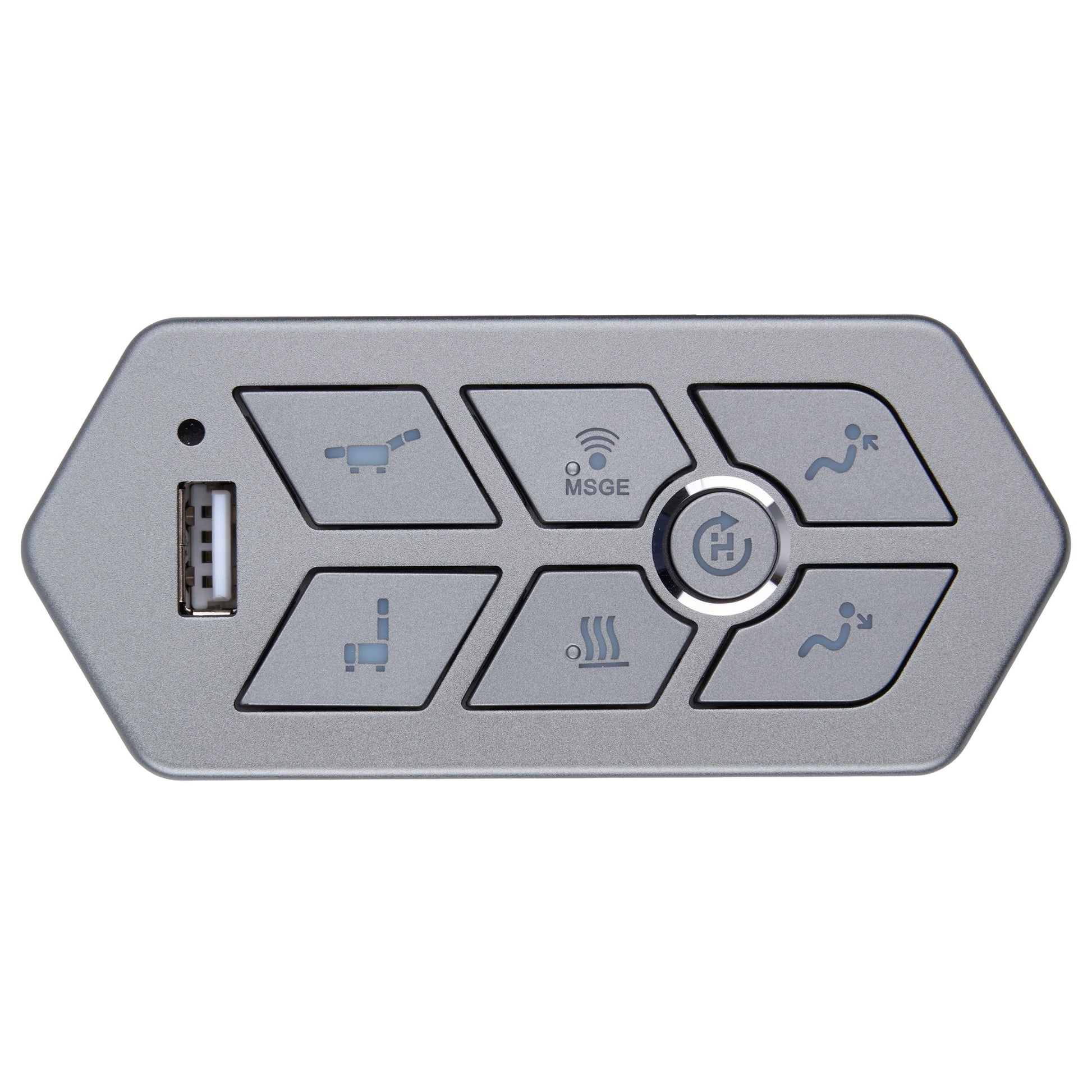A silver electronic control panel with six buttons featuring blue-gray icons, including seat and climate symbols, a central round button, and a USB port on the left side, shown on a plain white background.
