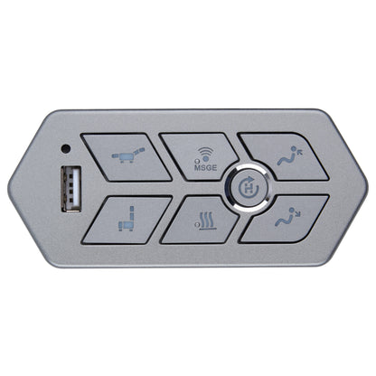 A silver electronic control panel with six buttons featuring blue-gray icons, including seat and climate symbols, a central round button, and a USB port on the left side, shown on a plain white background.