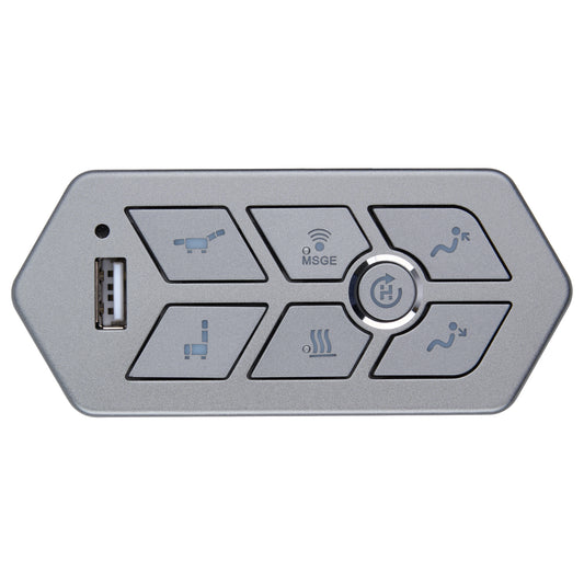 A silver electronic control panel with six buttons featuring blue-gray icons, including seat and climate symbols, a central round button, and a USB port on the left side, shown on a plain white background.