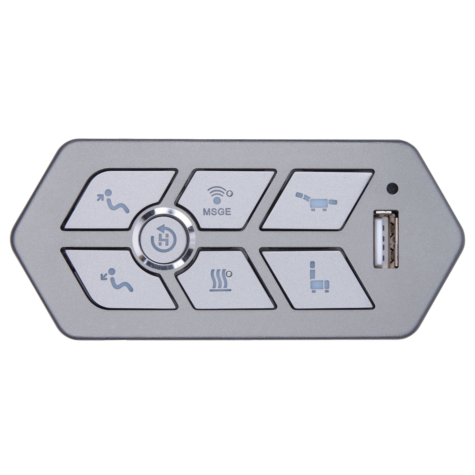 A silver electronic control panel with six buttons featuring blue icons, a central round button, a USB port, and an LED indicator, shown on a plain white background.
