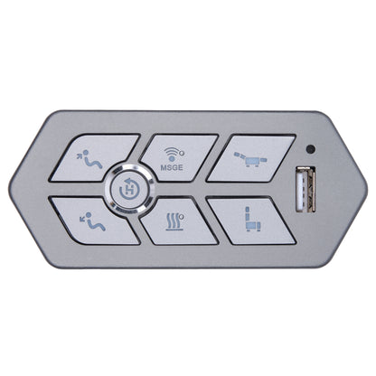 A silver electronic control panel with six buttons featuring blue icons, a central round button, a USB port, and an LED indicator, shown on a plain white background.