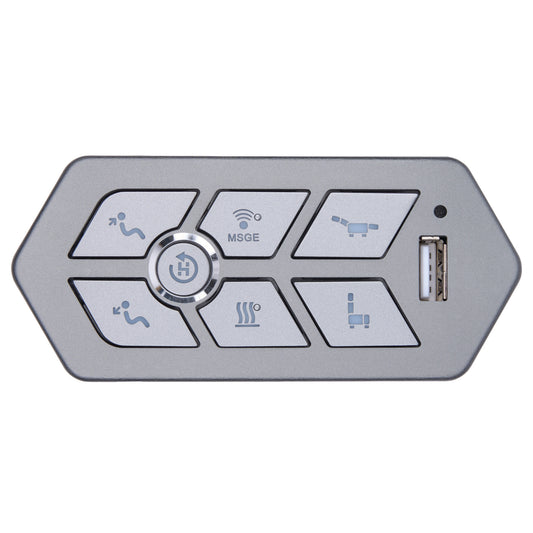 A silver electronic control panel with six buttons featuring blue icons, a central round button, a USB port, and an LED indicator, shown on a plain white background.