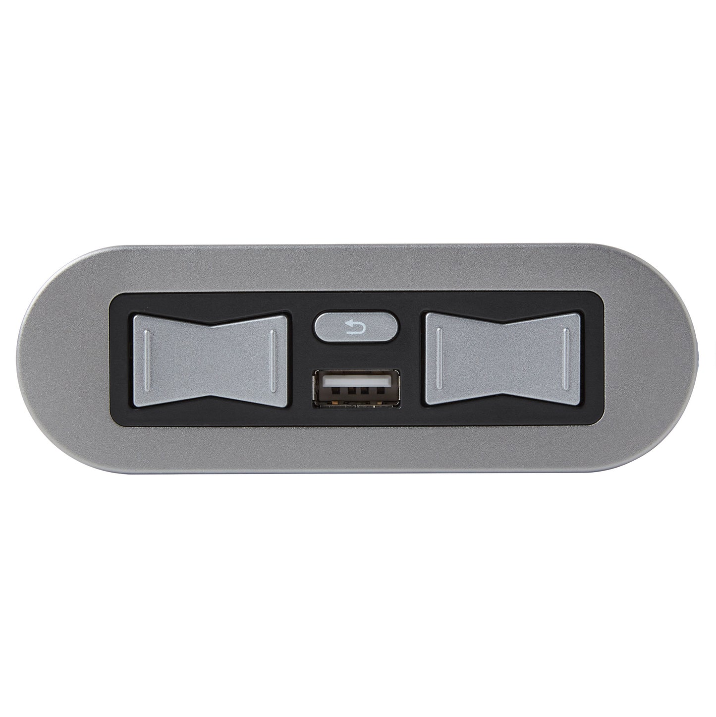 A silver and black electronic control panel with two bow-tie shaped buttons and a central USB port, shown on a plain white background.