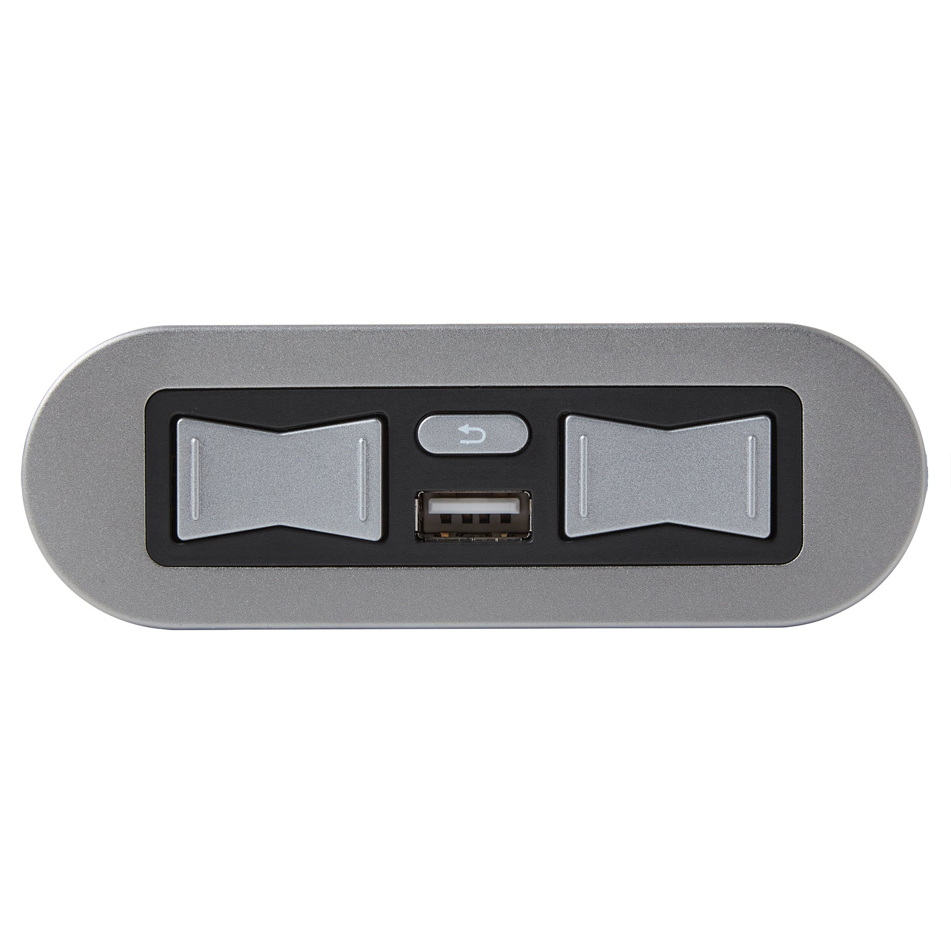 A silver and black electronic control panel with two bow-tie shaped buttons and a central USB port, shown on a plain white background.