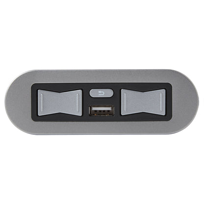 A silver and black electronic control panel with two bow-tie shaped buttons and a central USB port, shown on a plain white background.
