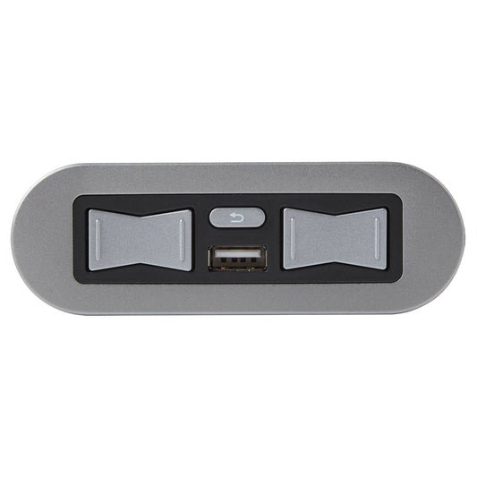 A silver and black electronic control panel with two bow-tie shaped buttons and a central USB port, shown on a plain white background.