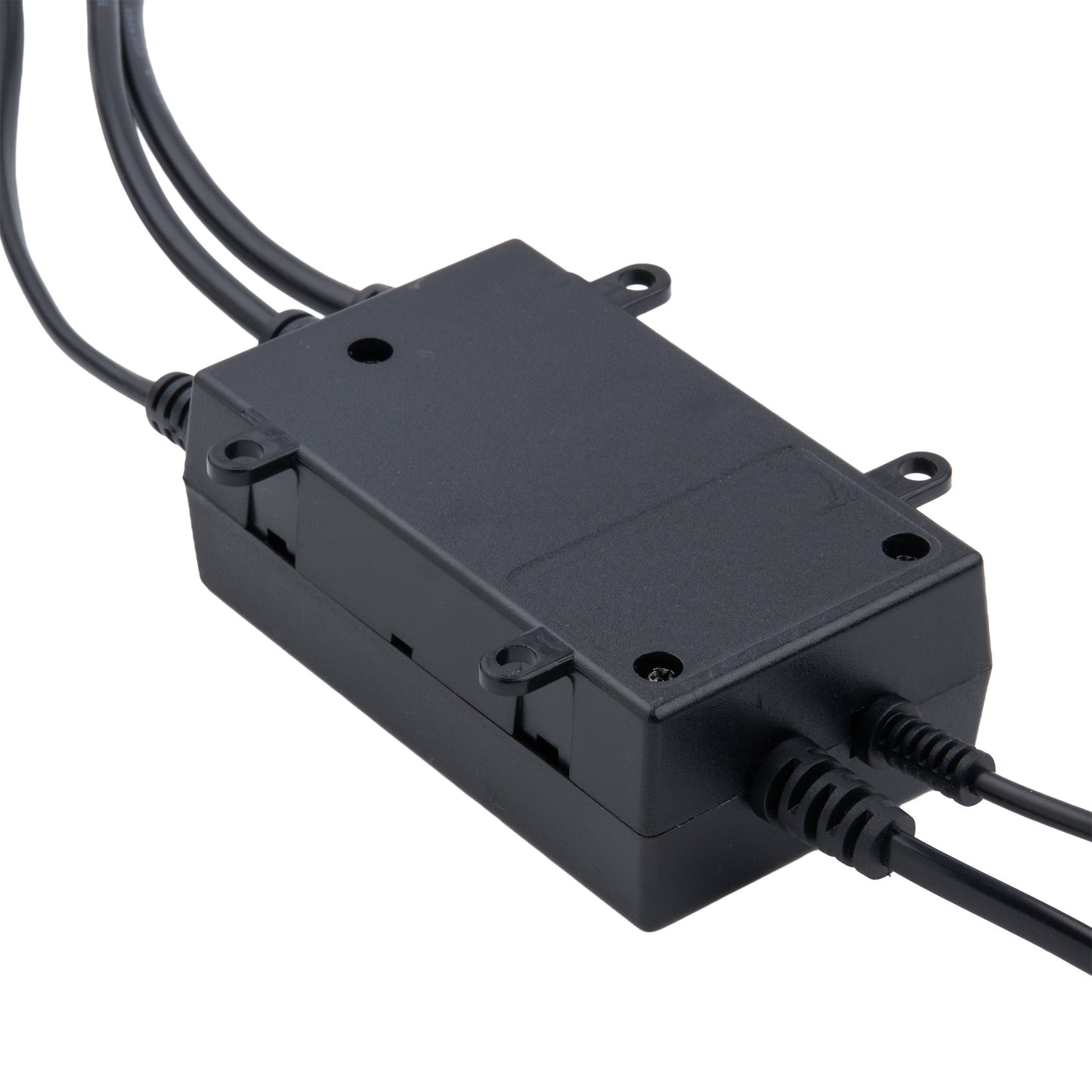 A black plastic electrical junction box with mounting tabs and attached black cables, shown on a plain white background.