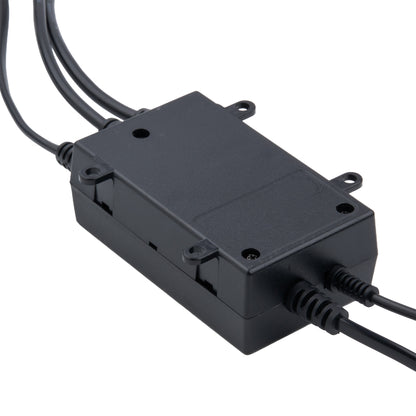 A black plastic electrical junction box with mounting tabs and attached black cables, shown on a plain white background.