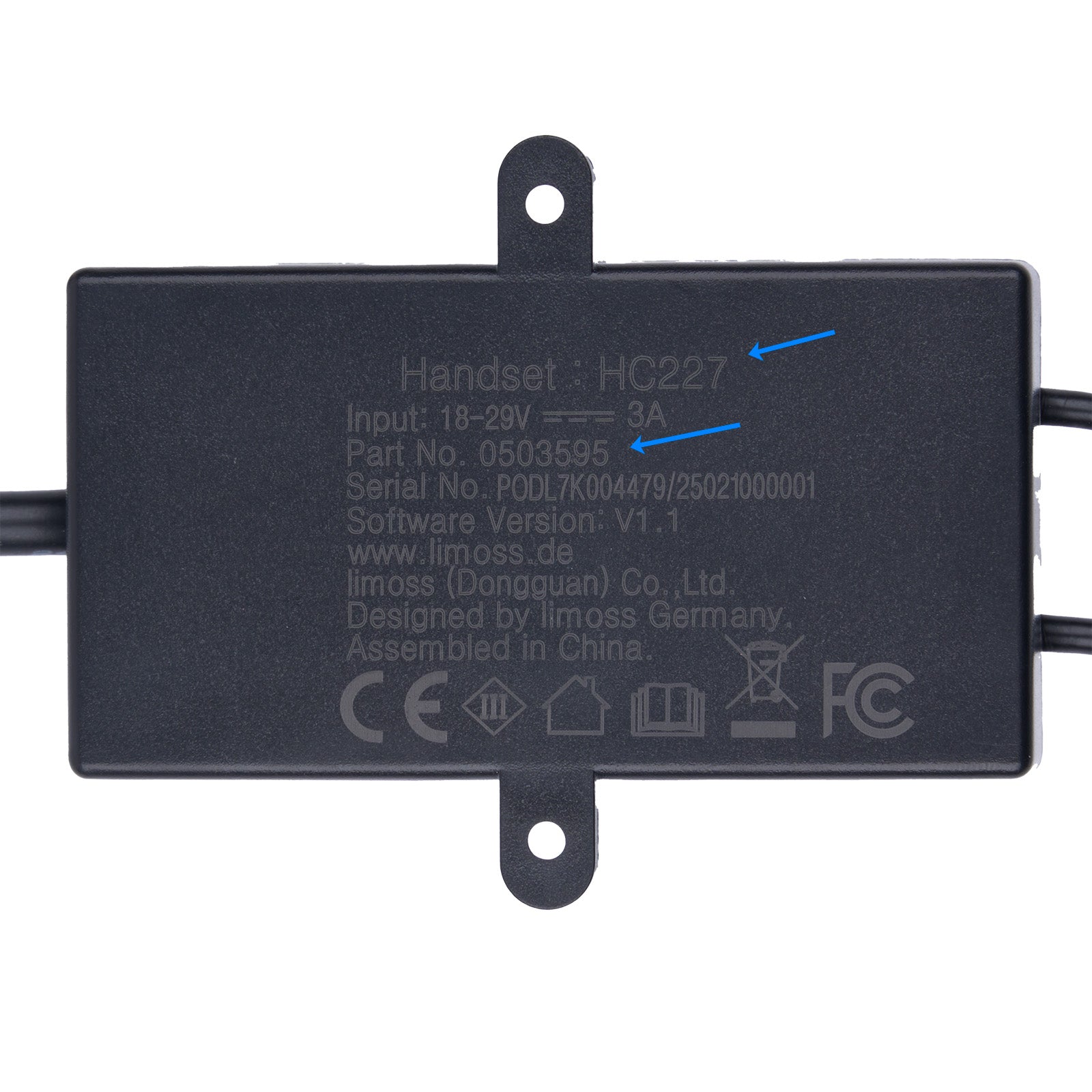 Black electronic component with text and symbols on a white background