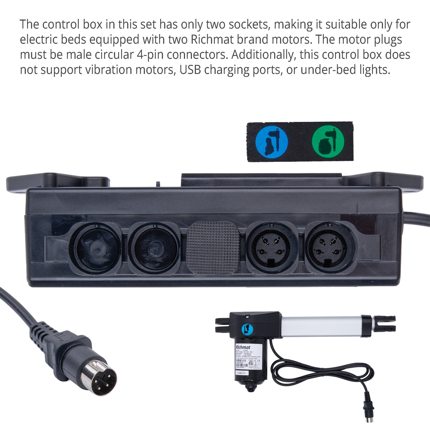 Control box with sockets and motor for electric beds, featuring Richmat brand motors.