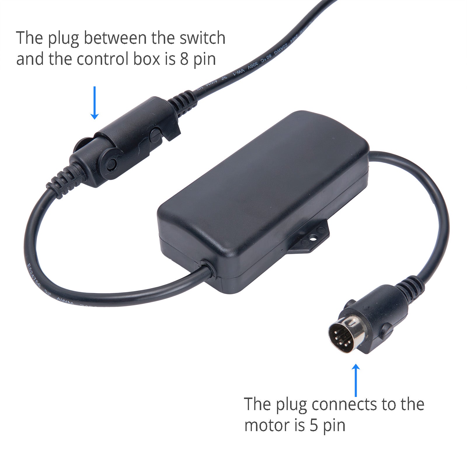Black control box with wiring and connectors on a white background