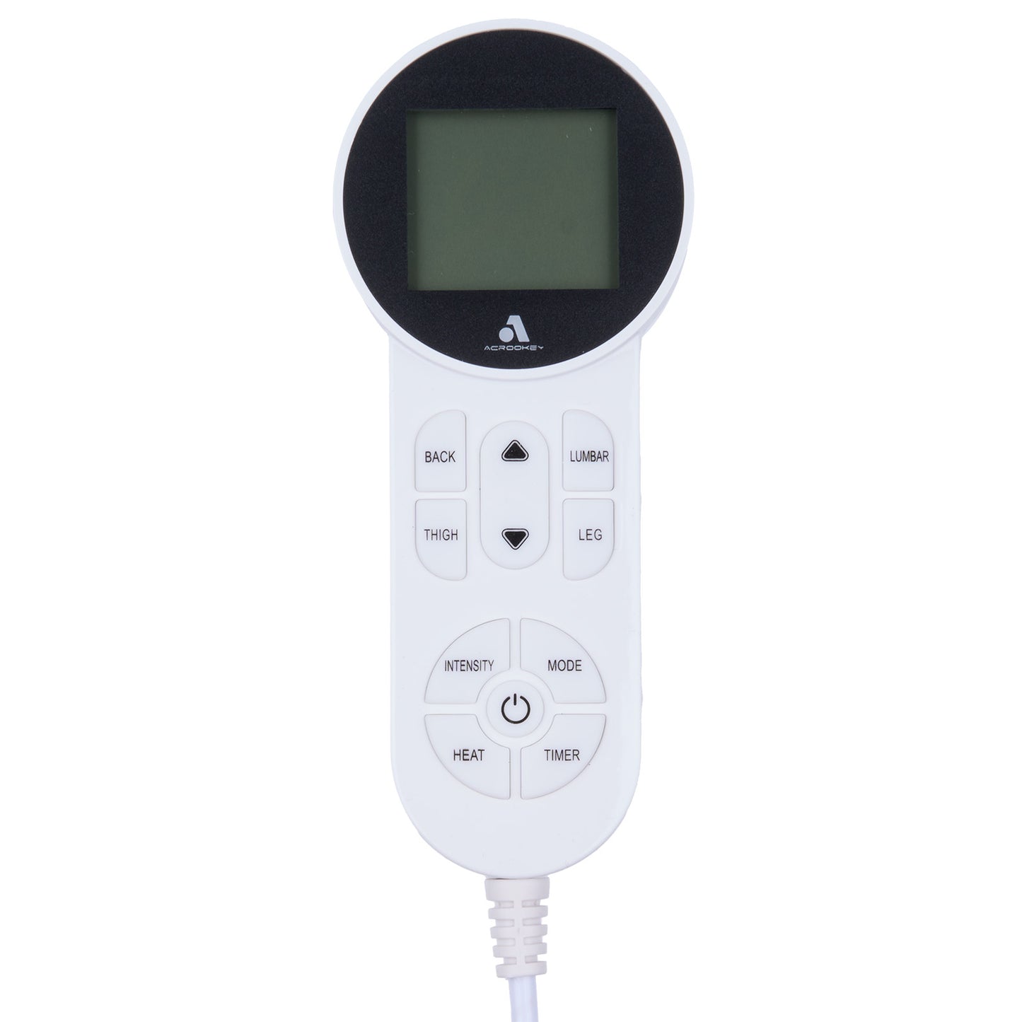 White electronic device with digital display and control buttons on a white background