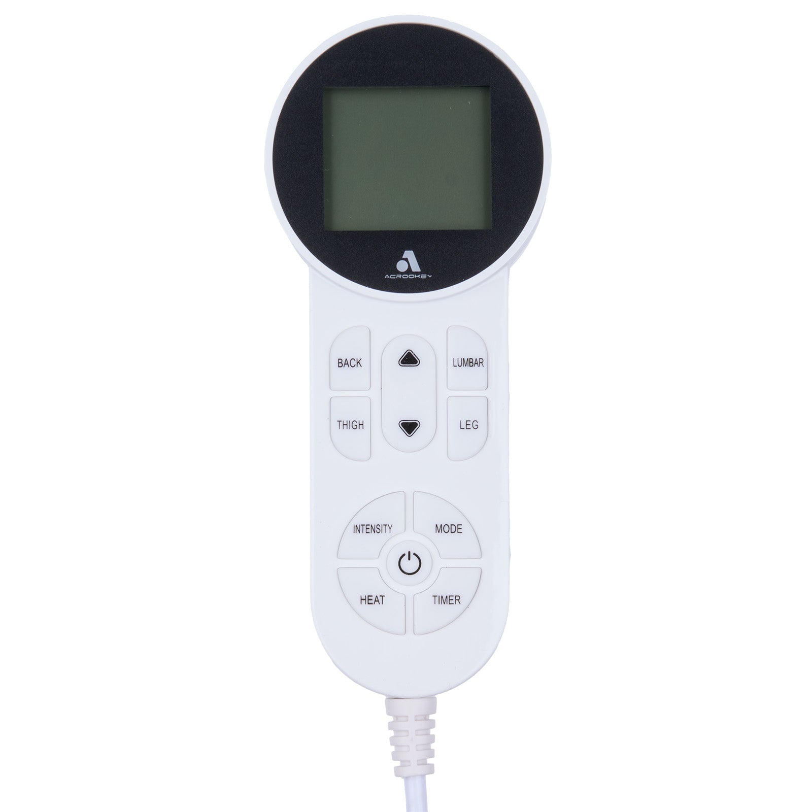 White electronic device with digital display and control buttons on a white background