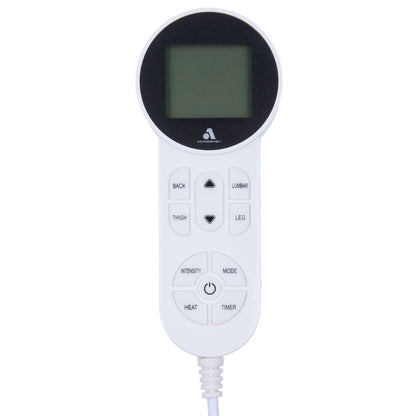 White electronic device with digital display and control buttons on a white background