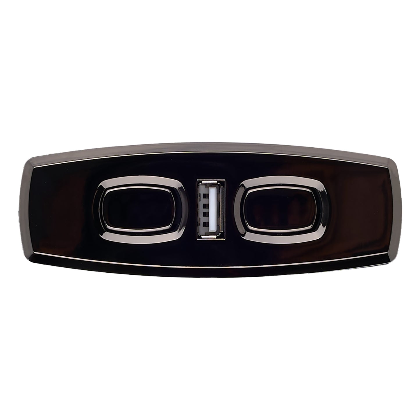 Car grille emblem with a black and chrome finish on a white background