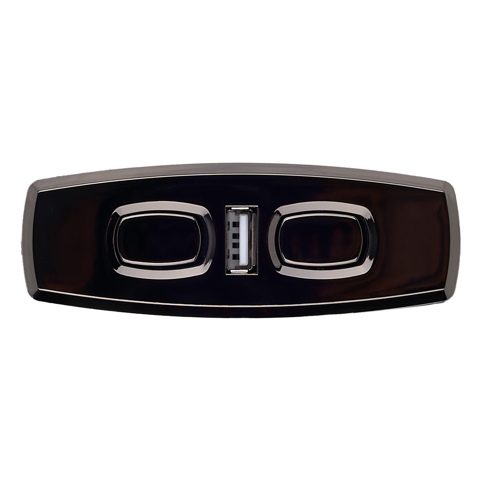 Car grille emblem with a black and chrome finish on a white background