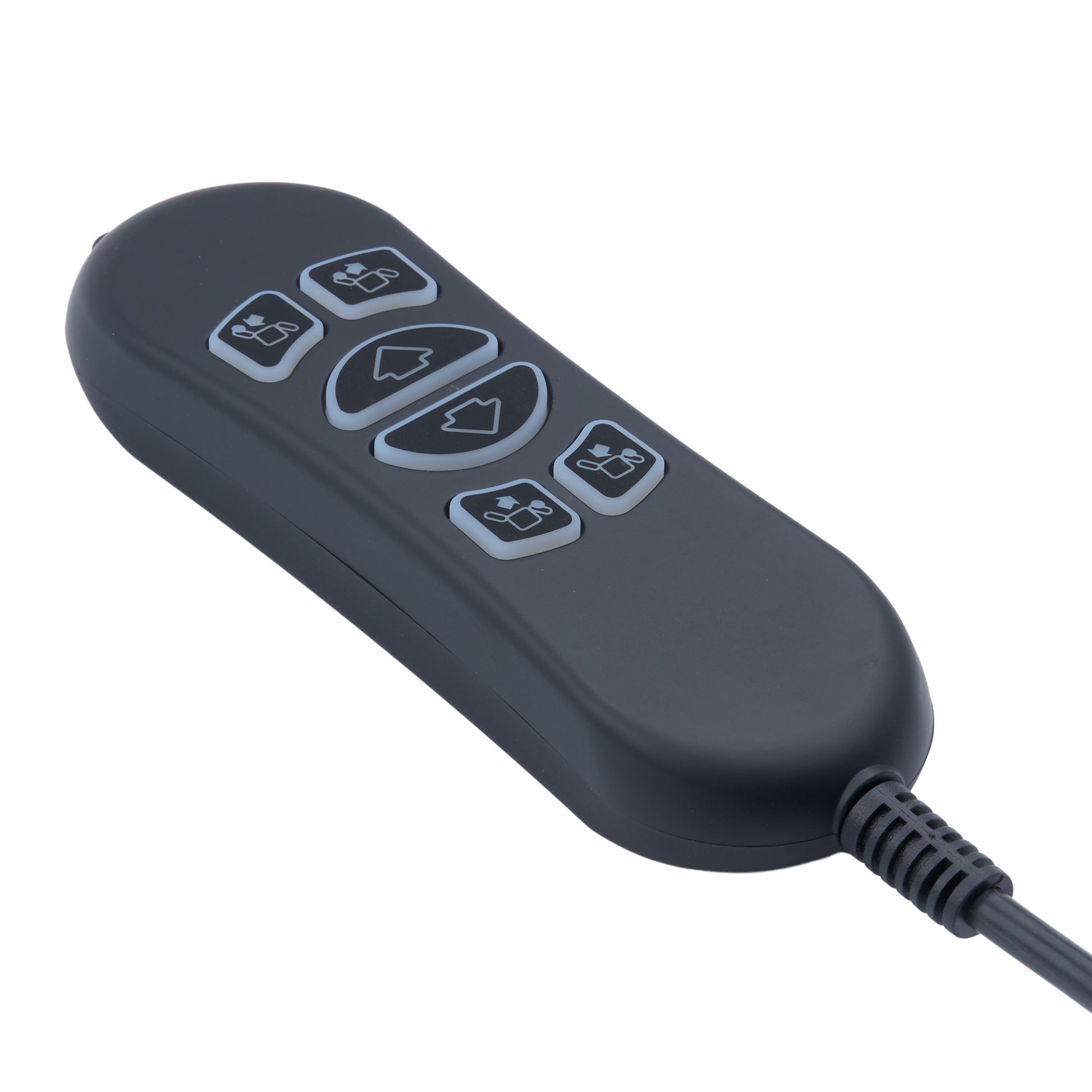Black remote control with buttons on a white background