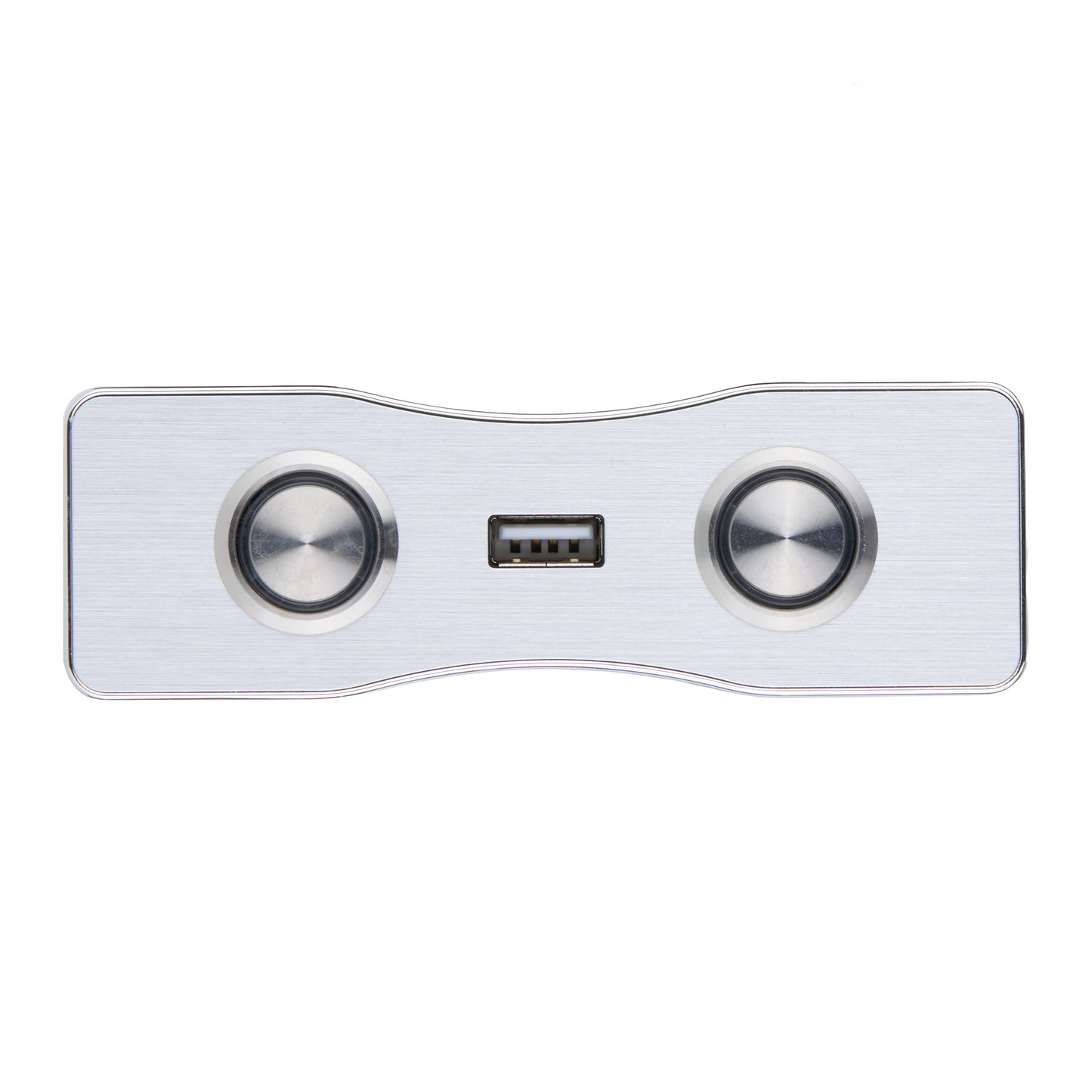 White electronic device with two circular buttons and a USB port on a white background