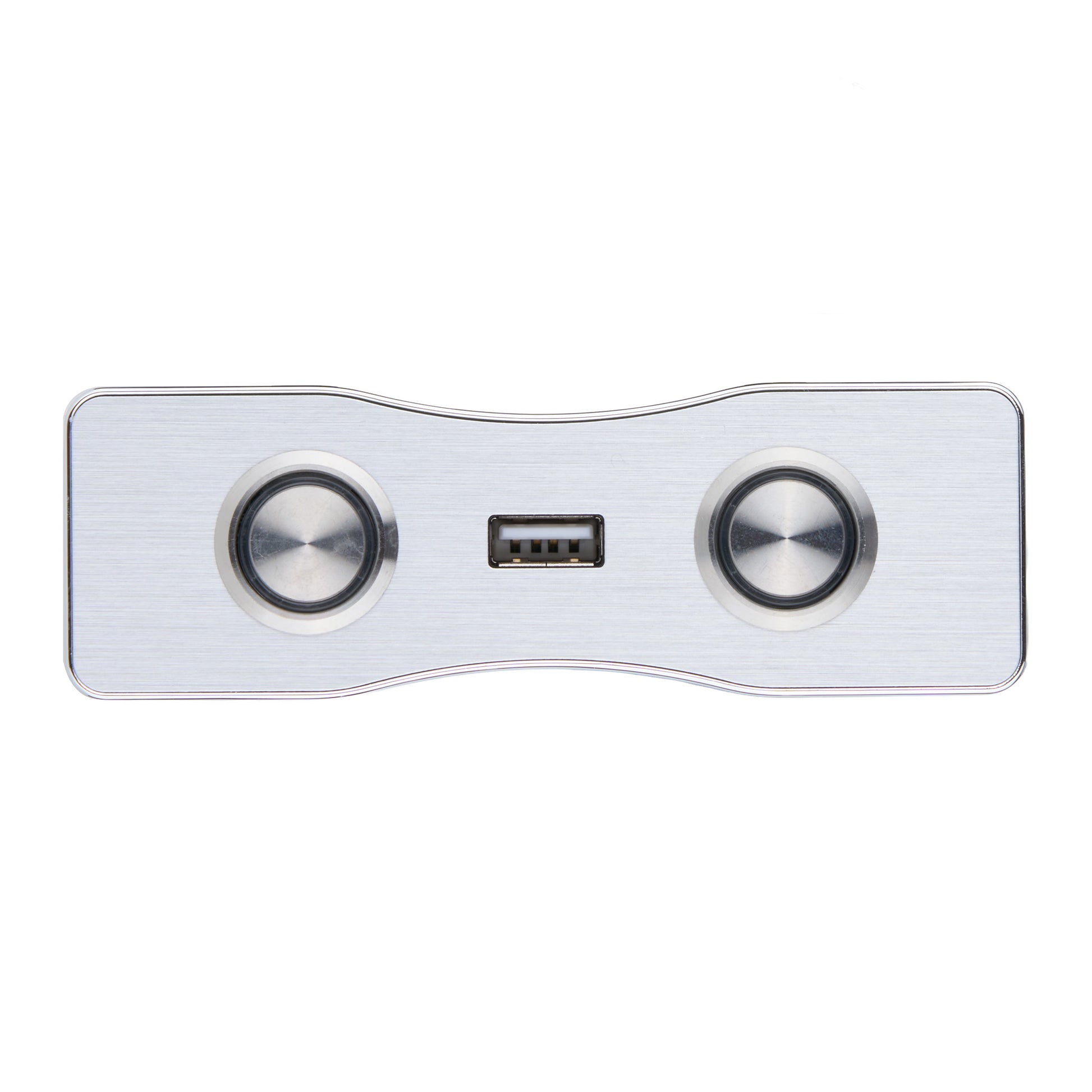 White electronic device with two circular buttons and a USB port on a white background