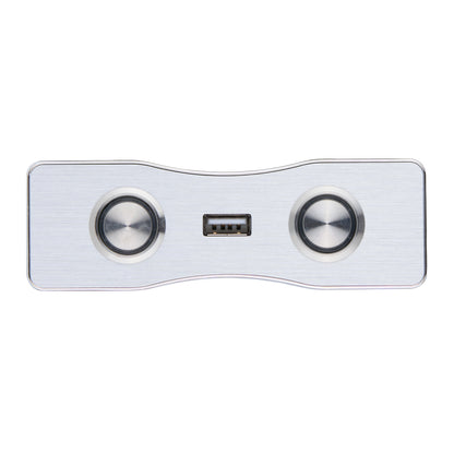 White electronic device with two circular buttons and a USB port on a white background